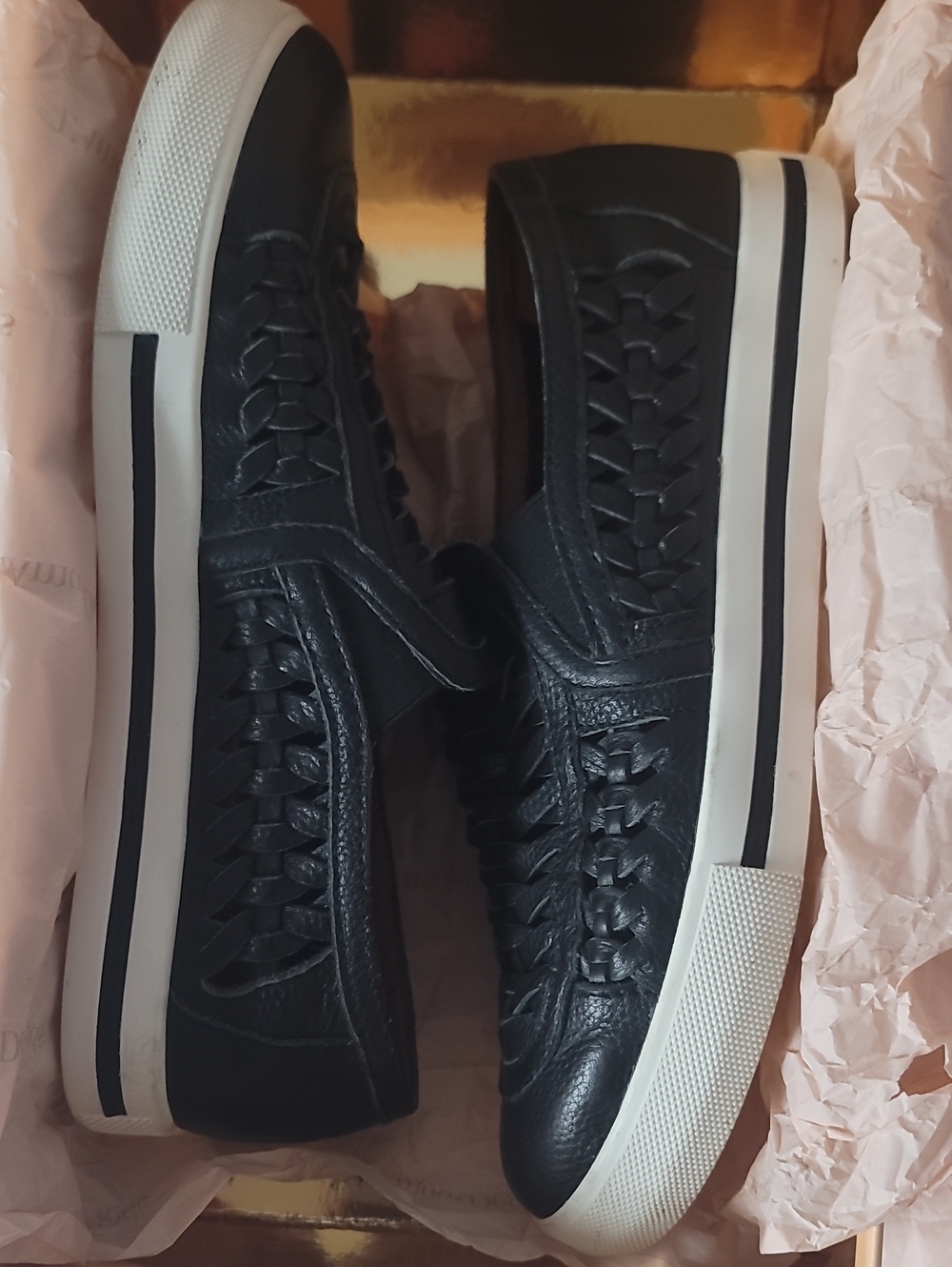 Women's Black Woven Leather Sneakers with White Sole